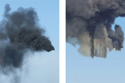 Photos pairing the smoke produced in found images of manufacturing plant smokestacks and 