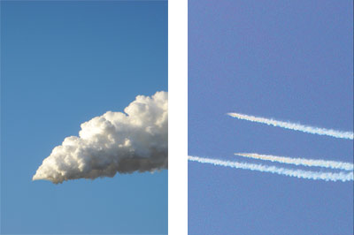 Photos pairing the smoke produced in found images of manufacturing plant  smokestacks and 