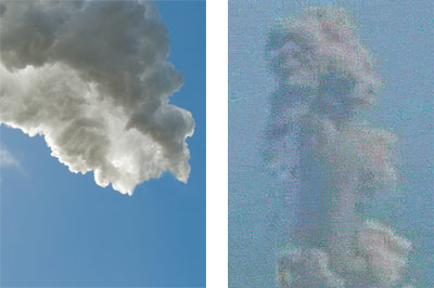 Photos pairing the smoke produced in found images of manufacturing plant smokestacks and \'post-democracy\' conflict or disaster imagery. (here: Japan nuclear reactors after earthquake)