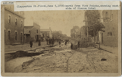Simcoe Country Archives scan showing 1890 flood marking the street